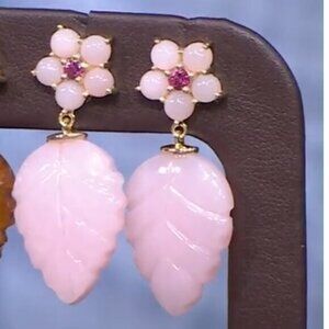 Rarities Carol Brodie Carved Gemstone LEAF Drop Earrings PINK OPAL nwt